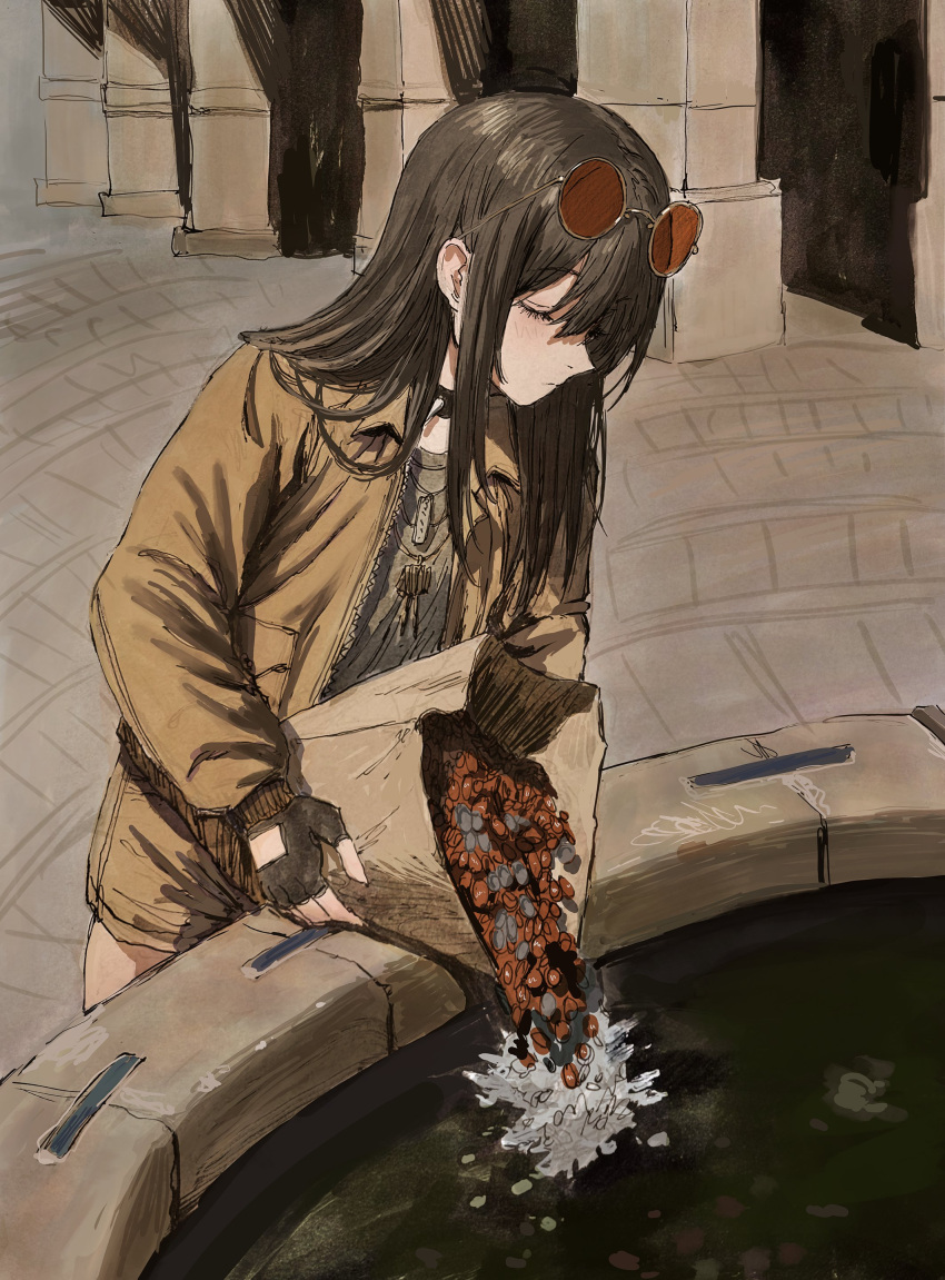 1girl, absurdres, bag, black_gloves, black_hair, brown_jacket, choker, closed_eyes, clothing_cutout, coin, desert_crow_(gold_can), expressionless, eyewear_on_head, fingerless_gloves, fountain, glove_cutout, gloves, gold_can, grey_shirt, highres, holding, holding_bag, jacket, jewelry, long_hair, necklace, original, paper_bag, red-tinted_eyewear, round_eyewear, shirt, solo, spiked_choker, spikes, sunglasses, tinted_eyewear, unzipped, wishing