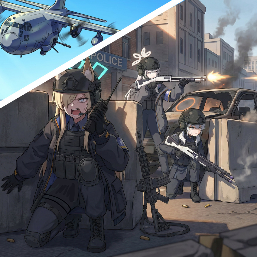 3girls, absurdres, ac-130_spectre, ace_combat, animal_ears, armband, blonde_hair, blue_archive
