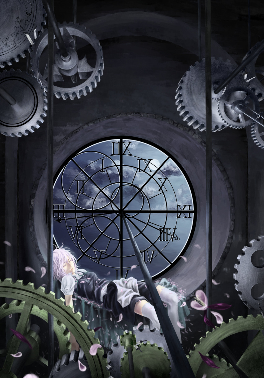 akaikitsune, bad_id, clock, clockwork, closed_eyes, gears, highres, izayoi_sakuya
