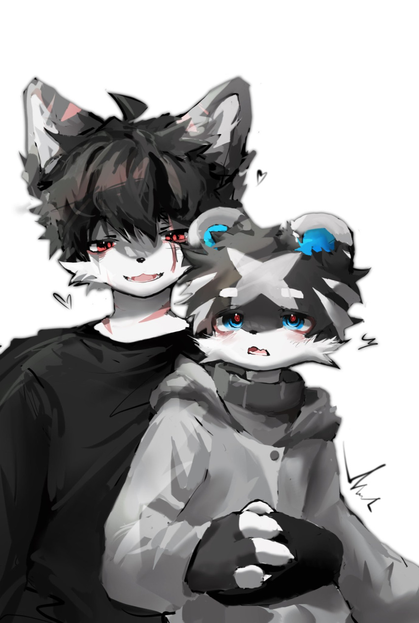 2boys, animal_ears, black_shirt, blue_eyes, collar, commentary, dog_boy, furry