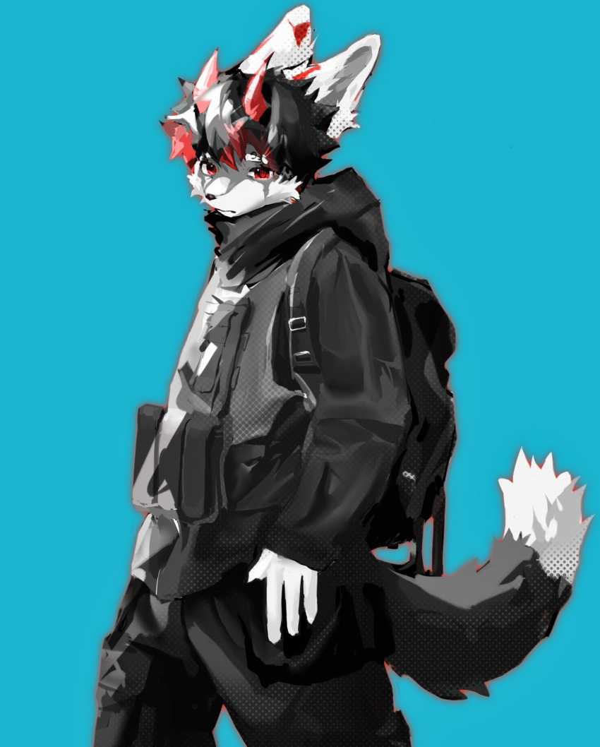 1boy, animal_ears, blue_background, cowboy_shot, dog_boy, furry, furry_male, grey_bag