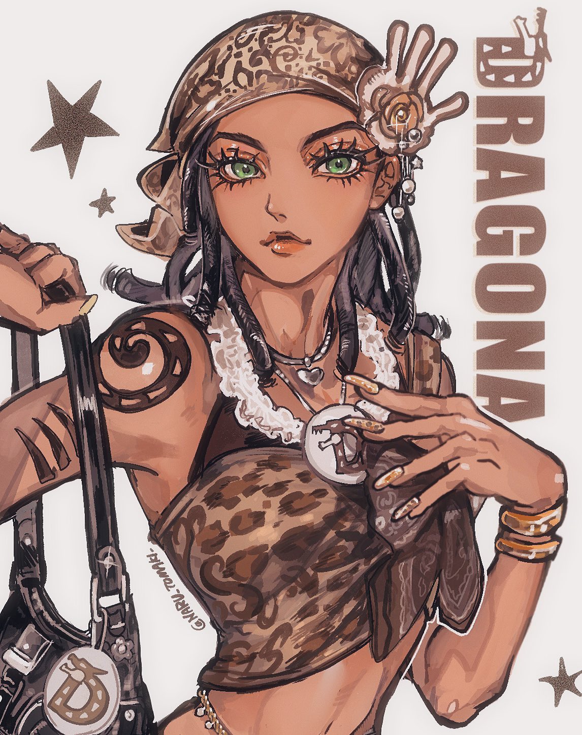1girl, alternate_costume, animal_print, arm_tattoo, bag, bandana, bare_shoulders, black_hair