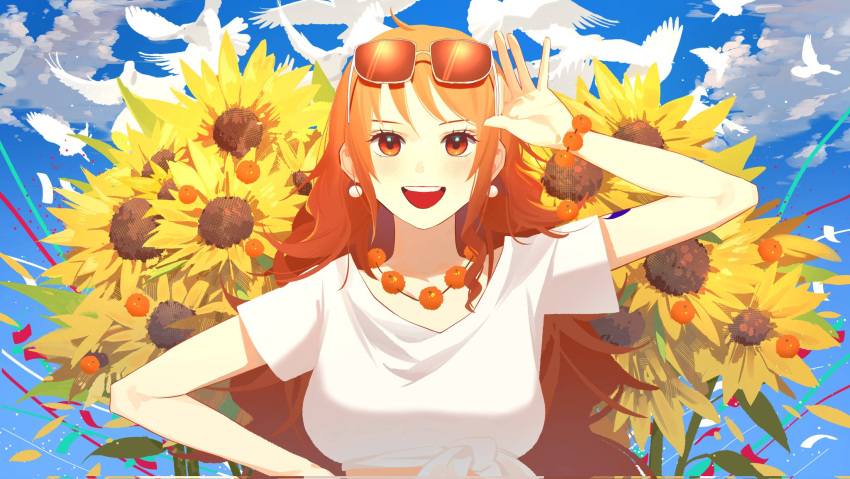 1girl, a_dong1987, bead_bracelet, bead_necklace, beads, bird, blue_sky, blush