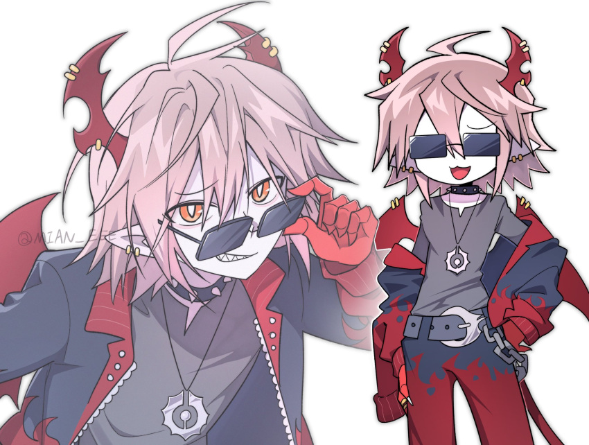 1boy, :3, adjusting_eyewear, ahoge, belt, bright_pupils, chain, collar