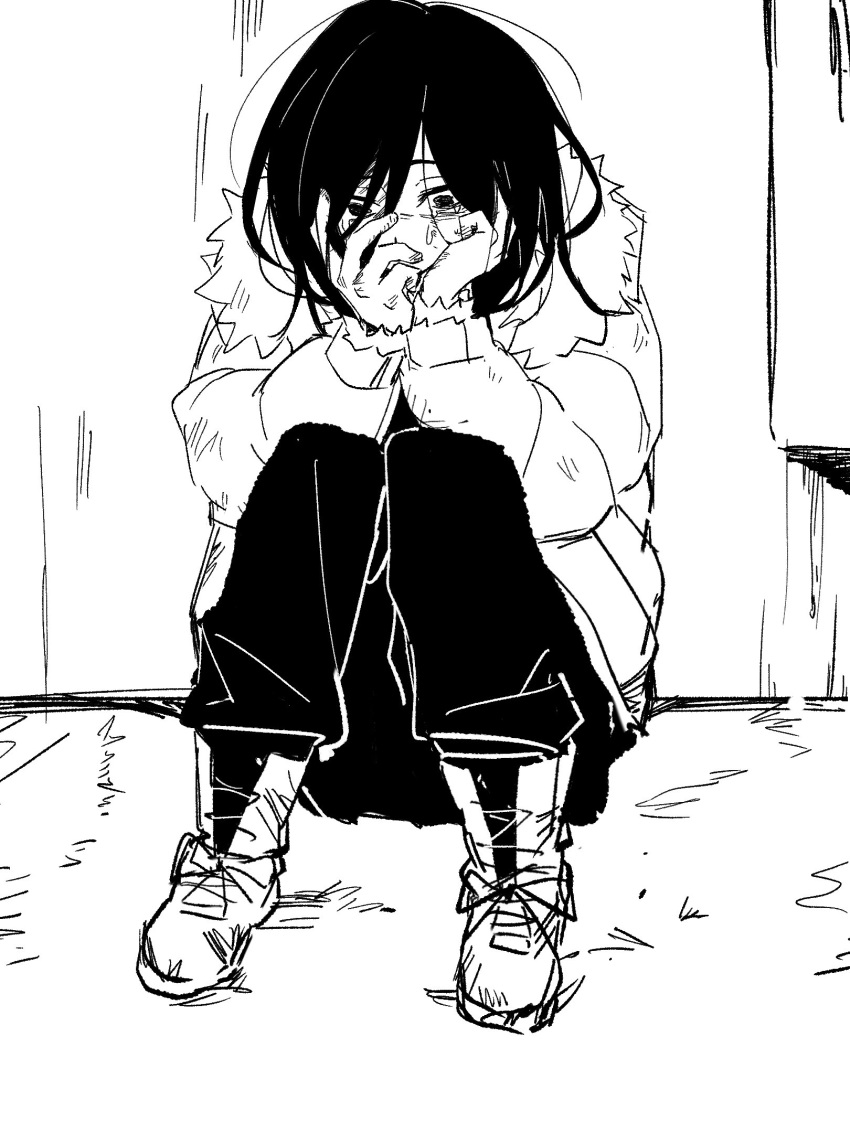 1girl, boots, chuanzhoujikou, coat, covering_face, crying, down_jacket, fur-trimmed_jacket
