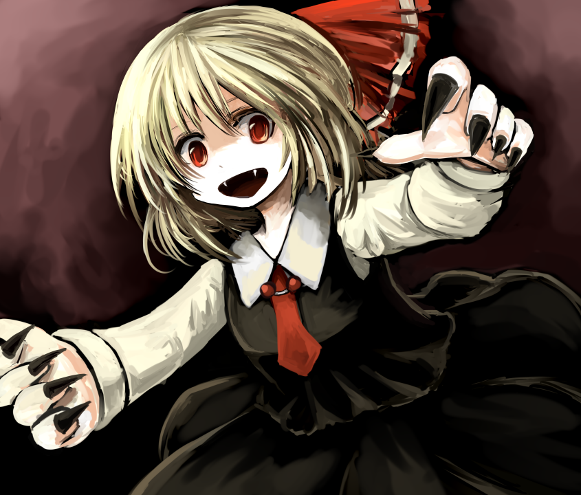 bad_id, blonde_hair, dress_shirt, fangs, fingernails, long_fingernails, necktie, red_eyes