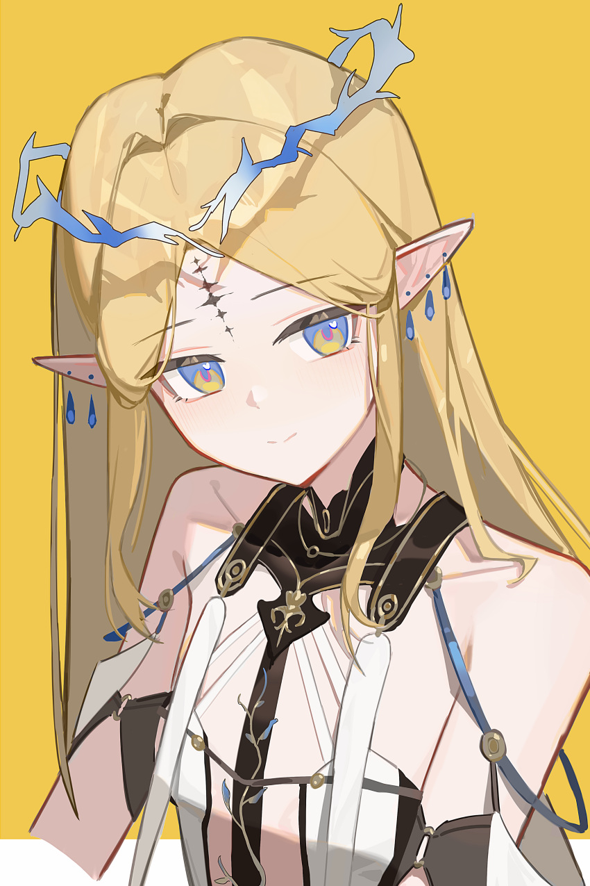 1girl, absurdres, bandiaozi_pp, bare_shoulders, blonde_hair, blue_eyes, breasts, cartethyia_(wuthering_waves), chinese_commentary, circlet, closed_mouth, commentary_request, crown_of_thorns, ear_piercing, earrings, facial_mark, forehead_mark, highres, jewelry, long_hair, looking_at_viewer, multicolored_eyes, parted_bangs, piercing, pointy_ears, simple_background, small_breasts, smile, solo, teardrop_earrings, upper_body, wuthering_waves, yellow_background, yellow_eyes