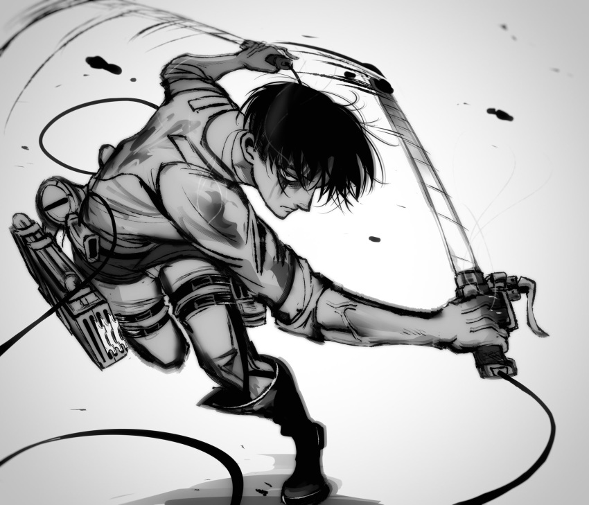 1boy, black_hair, blood, blood_on_face, boots, closed_mouth, dual_wielding, fighting_stance, greyscale, hair_between_eyes, highres, holding, idc1066026, levi_(shingeki_no_kyojin), male_focus, monochrome, pants, shingeki_no_kyojin, shirt, short_hair, sleeves_rolled_up, solo, three-dimensional_maneuver_gear, veins, veiny_arms, white_background, white_pants, white_shirt