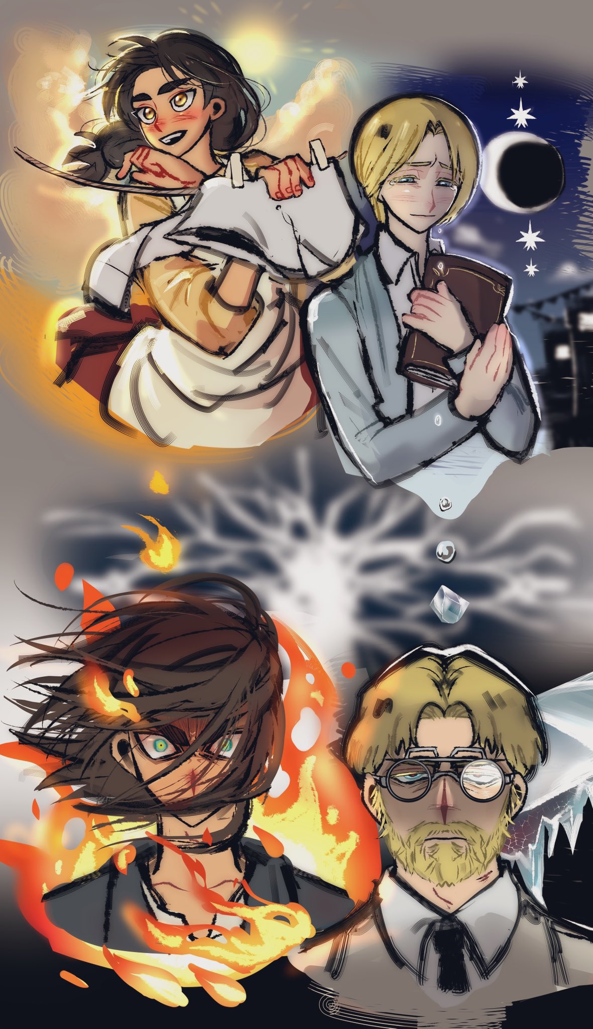 2boys, 2girls, apron, beard, black_necktie, blonde_hair, blue_eyes, book