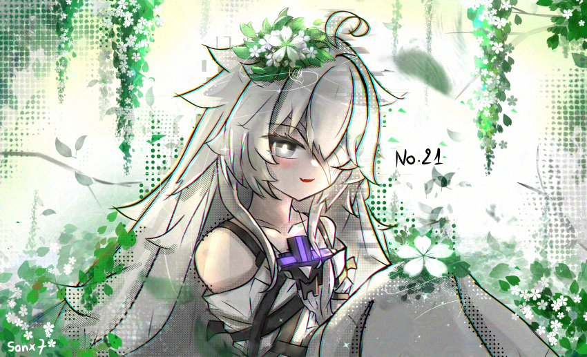 1girl, absurdres, ahoge, artist_name, bare_shoulders, bright_pupils, character_name, chromatic_aberration