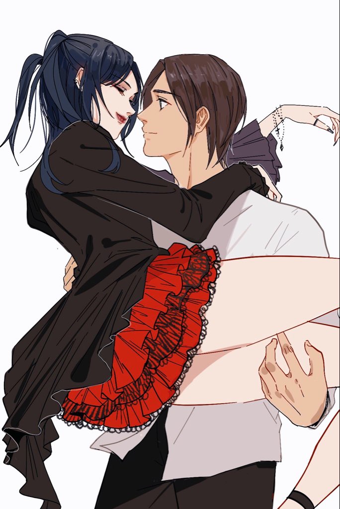 1boy, 1girl, arms_around_neck, black_hair, black_nails, black_pants, black_shirt, bracelet, brown_hair, carrying, closed_eyes, closed_mouth, couple, cowboy_shot, cross_bracelet, eren_yeager, frilled_skirt, frills, hetero, jewelry, long_hair, long_sleeves, looking_at_another, mikasa_ackerman, mnine5, nail_polish, pants, parted_bangs, princess_carry, red_lips, red_skirt, shingeki_no_kyojin, shingeki_no_school_castes, shirt, short_hair, skirt, smile, thumb_ring, twintails, white_shirt