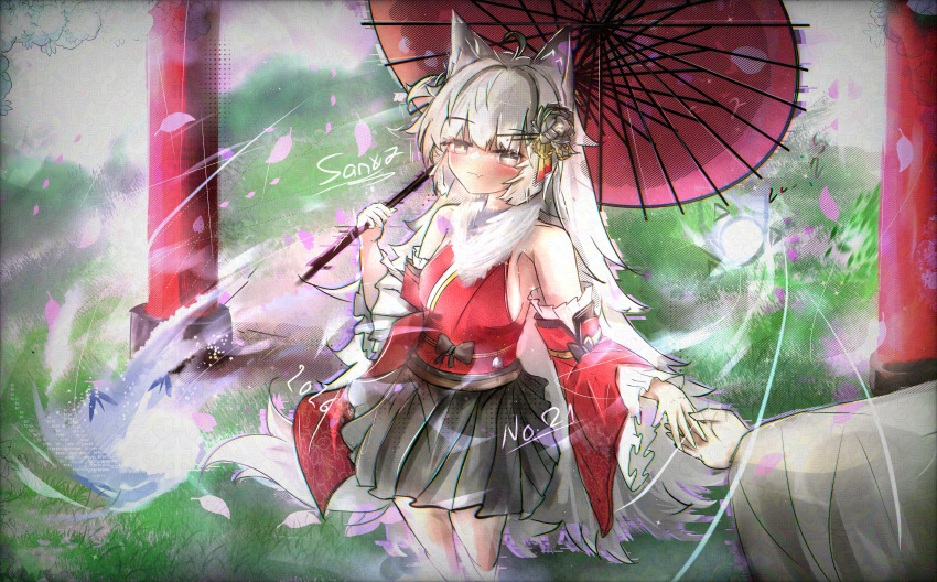 1girl, absurdres, ahoge, alternate_costume, animal_ears, artist_name, bare_shoulders, black_skirt