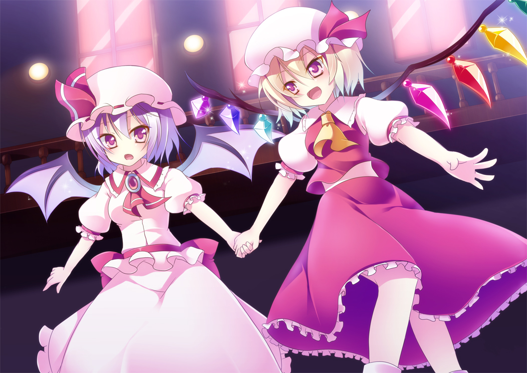 ascot, bat_wings, blonde_hair, brooch, chibi_arisu, dress, flandre_scarlet, hat
