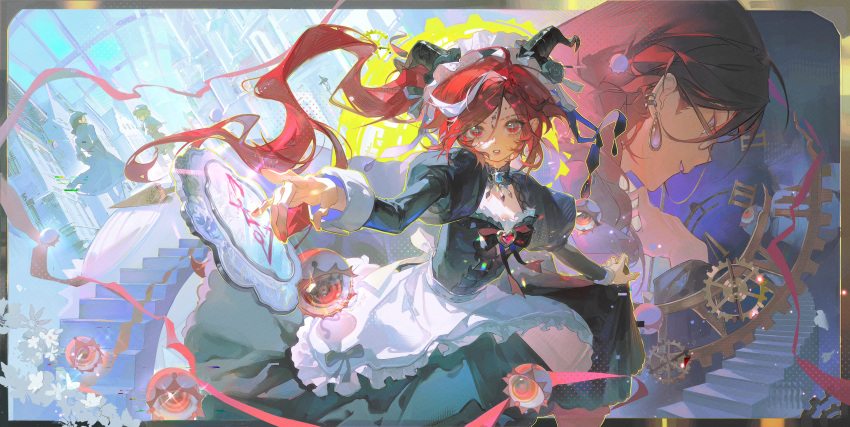 1boy, 3girls, 88chachajiang, absurdres, apron, black_choker, black_dress, black_horns