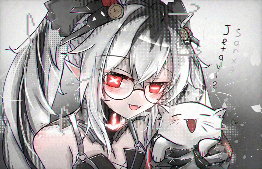 1girl, absurdres, animal, artist_name, bare_shoulders, bespectacled, cat, character_name, chromatic_aberration, commentary, english_commentary, glasses, headgear, highres, holding, holding_animal, jetavie:_daybreak_(pgr), jetavie_(pgr), long_hair, looking_at_viewer, mechanical_hands, mismatched_pupils, multicolored_hair, open_mouth, pointy_ears, punishing:_gray_raven, sanx7, smile, solo, streaked_hair, symbol-shaped_pupils