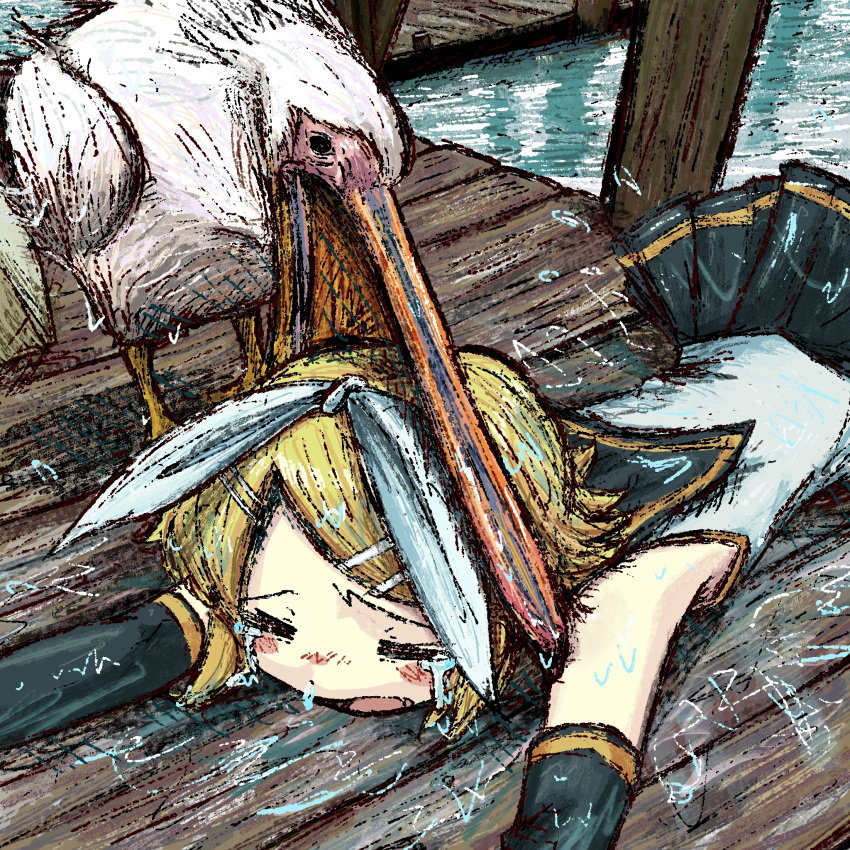 1girl, animal, arm_warmers, bird, biting, biting_head, black_arm_warmers, black_sailor_collar, black_skirt, blonde_hair, blush_stickers, bow, bubbacterial, closed_eyes, hair_bow, highres, kagamine_rin, lying, on_stomach, open_mouth, outstretched_arms, pelican, pier, pleated_skirt, puddle, sailor_collar, shirt, short_hair, skirt, sleeveless, sleeveless_shirt, solo, tears, vocaloid, water, white_bow, white_shirt