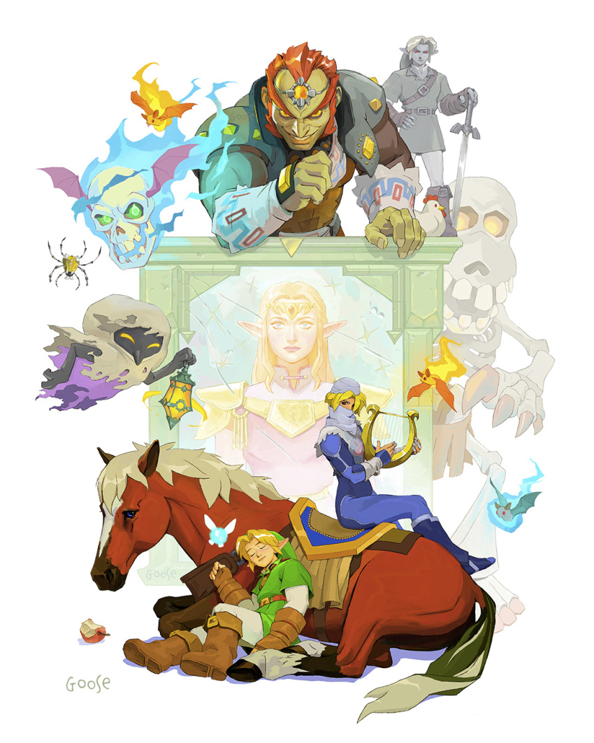 2girls, 3boys, blonde_hair, blue_bodysuit, blue_bubble_(zelda), bodysuit, colored_skin, dark_link