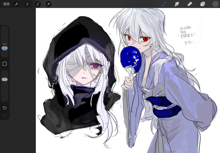 1girl, art_program_in_frame, bandage_over_one_eye, bandaged_head, bandages, black_hoodie, blue_kimono, commentary_request, demon_girl, facing_viewer, genderswap, genderswap_(mtf), hair_between_eyes, hand_fan, highres, holding, holding_fan, hood, hoodie, japanese_clothes, kimono, leaning_forward, long_hair, long_sidelocks, messy_hair, michael_roa_valdamjong, official_alternate_costume, possessed, red_eyes, rong301718, sidelocks, sketch, smile, tohno_shiki_(2), tsukihime, vampire, very_long_hair, wavy_hair, white_hair