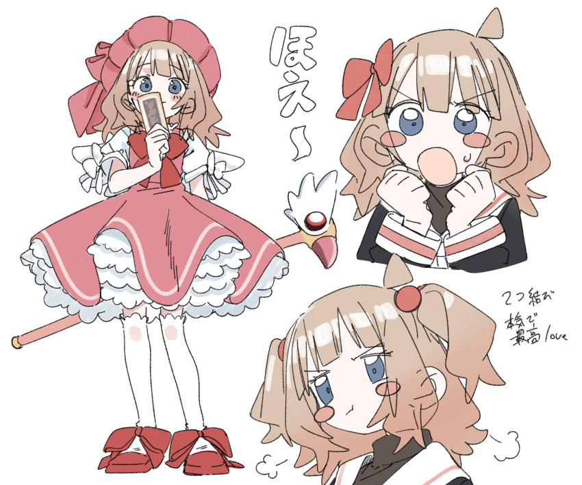 1girl, ahoge, black_shirt, blue_eyes, blush_stickers, bow, bowtie, brown_hair