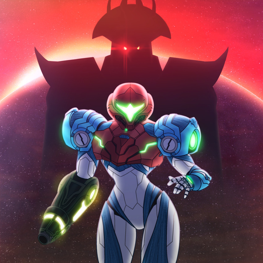 1boy, 1girl, arm_cannon, armor, assault_visor, commentary_request, full_armor, glowing