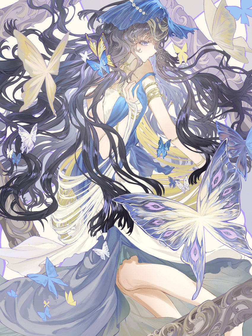 absurdres, armlet, black_hair, blue_butterfly, blue_dress, blue_veil, bug, butterfly