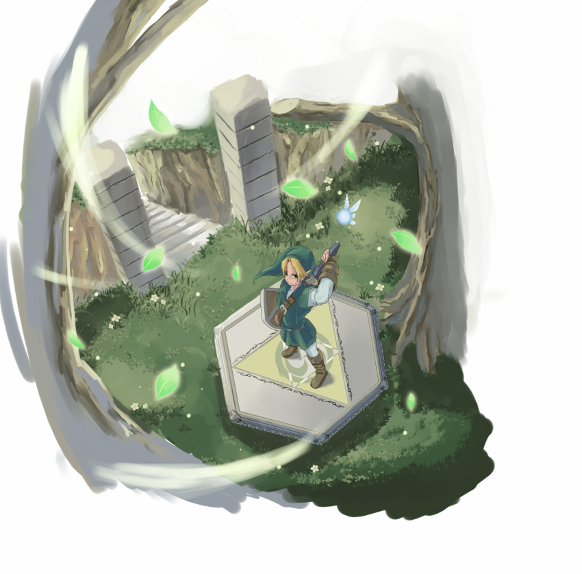 blue_eyes, fairy, flower, flowers, gloves, grass, hat, leaf, leaves, link, male, nature, navi, nintendo, ocarina_of_time, pointy_ears, ruri_(rukiafile), shield, sword, the_legend_of_zelda, tree, triforce, weapon