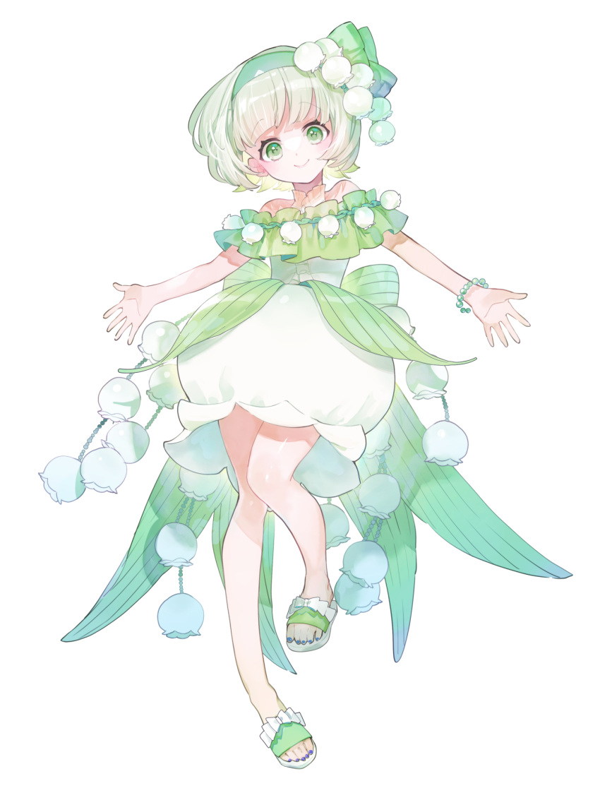 1girl, bow, bracelet, dairoku_ryouhei, dress, flower, full_body, green_bow, green_eyes, green_nails, green_ribbon, hair_bow, hairband, highres, jewelry, lily_of_the_valley, looking_at_viewer, muguet_blanche, nekoneko_neko_(tw), ribbon, sandals, short_hair, smile, solo, standing, white_dress