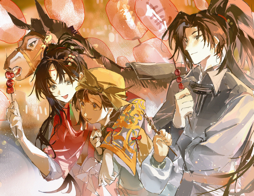 1boy, 2girls, :d, absurdres, arms_around_neck, black_hair, blue_eyes, blue_robe