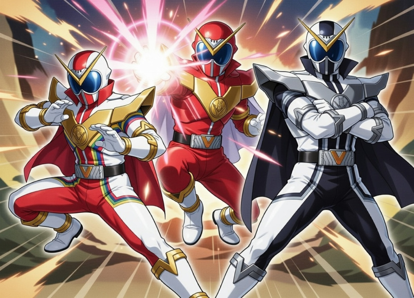 3boys, ai-generated, armor, avataro_sentai_donbrothers, black_bodysuit, bodysuit, commentary_request, crossed_arms, extra_digits, group_picture, group_pose, gtrvariedades, helmet, kikai_sentai_zenkaiger, male_focus, multicolored_bodysuit, multiple_boys, red_armor, red_bodysuit, red_helmet, super_sentai, tokusatsu, two-tone_bodysuit, v-fin, white_armor, zenkai_red, zenkaizer, zenkaizer_black
