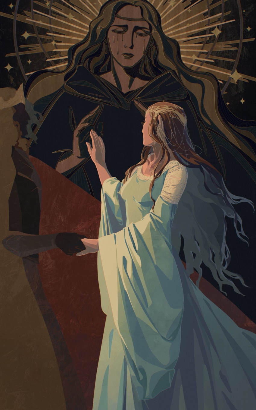 111hehui111, 1boy, 2girls, aragorn, arwen, breasts, brown_hair, circlet, couple, cowboy_shot, crown, dress, earrings, elf, half-closed_eyes, halo, hetero, highres, holding_hands, hoop_earrings, jewelry, king, lace, lace_sleeves, long_dress, long_hair, looking_at_another, luthien, medium_breasts, medium_hair, multiple_girls, pointy_ears, queen, silver_jewelry, tears, the_lord_of_the_rings, tolkien's_legendarium, vambraces, wavy_hair, white_dress, wide_sleeves