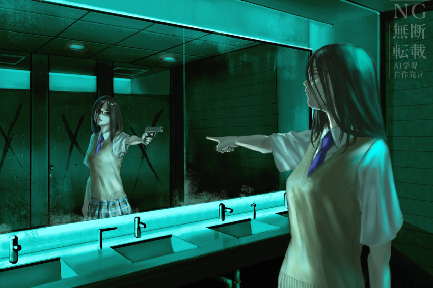 1girl, black_hair, blue_necktie, cardigan_vest, cross, different_reflection, gun, highres
