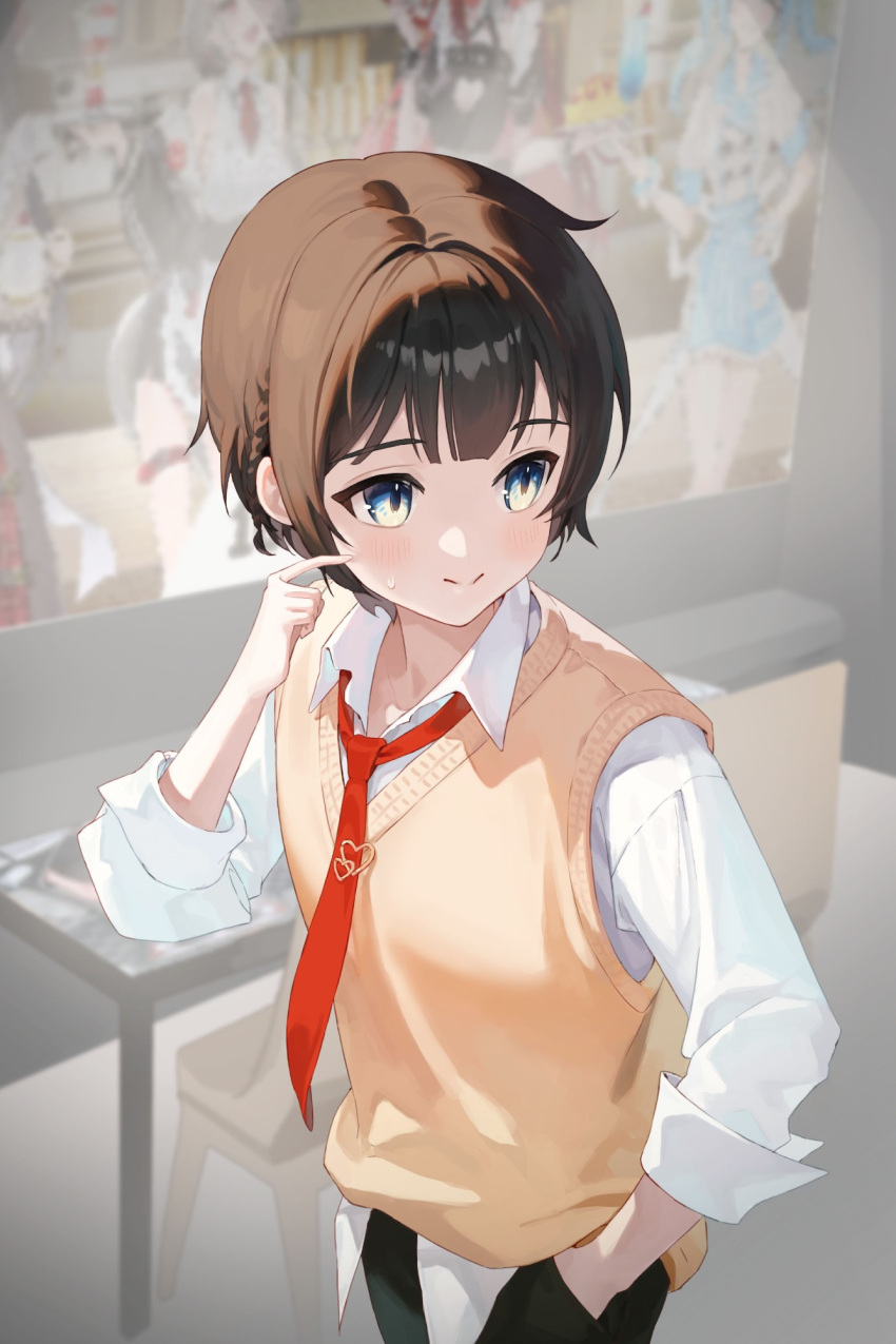1girl, alternate_hair_length, alternate_hairstyle, black_hair, black_pants, blue_eyes, choppy_bangs, closed_mouth