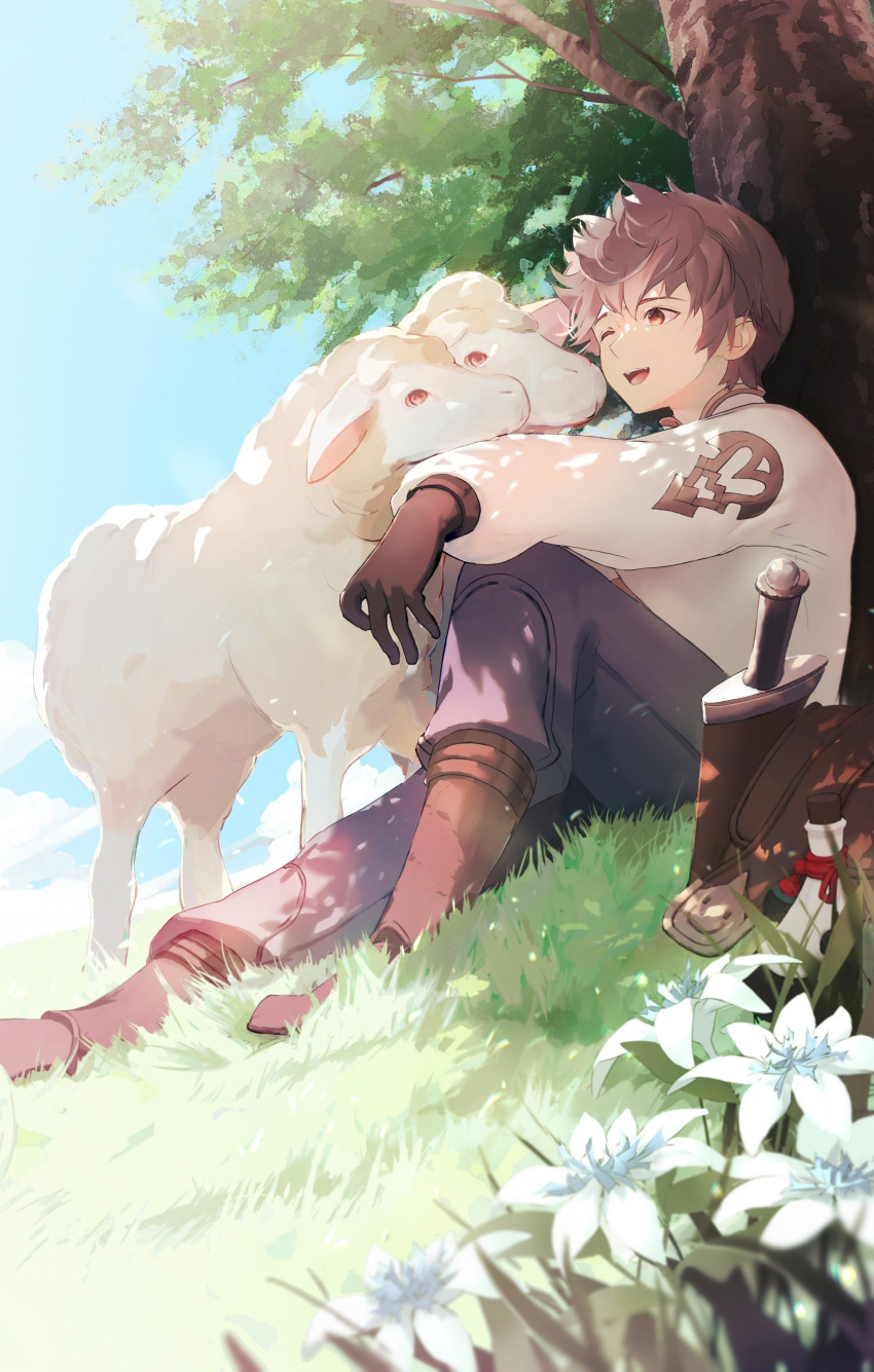 1boy, :d, absurdres, animal, bag, boots, bottle, bravely_default:_brilliant_lights