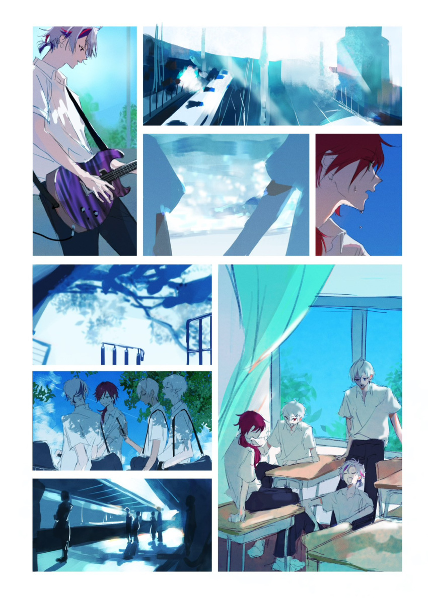 4boys, alternate_costume, bag, border, desk, electric_guitar, fuwa_minato, grey_hair