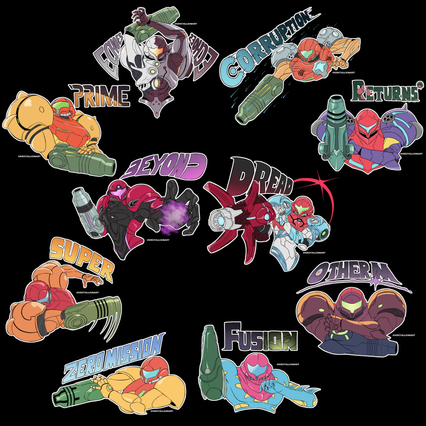 absurdres, armor, assault_visor, black_background, blue_visor, commentary_request, copyright_name, dark_suit_(metroid)