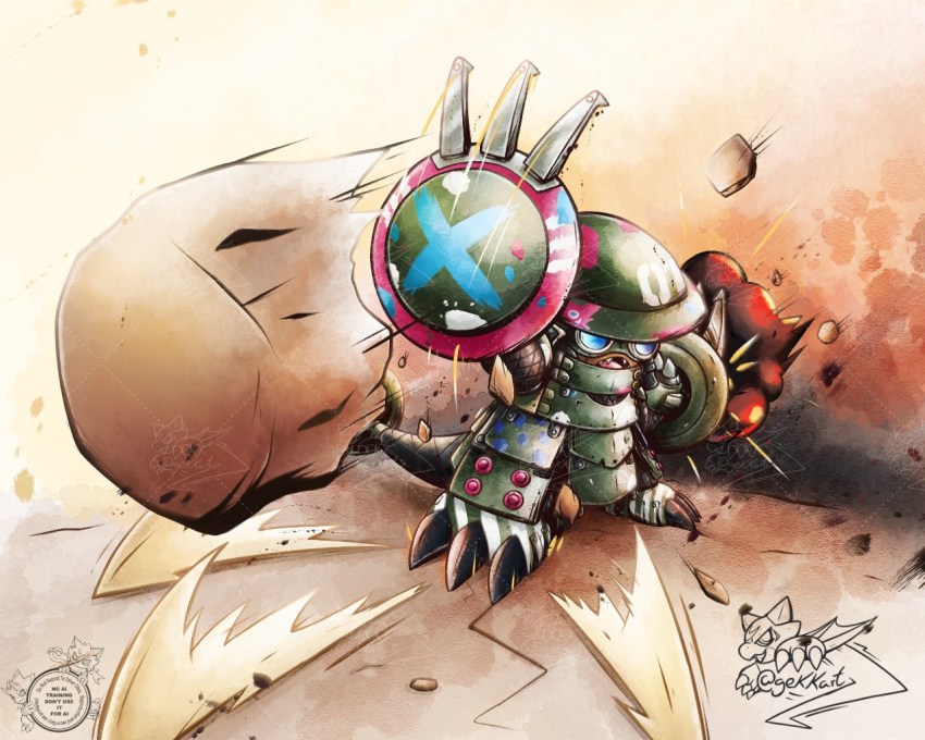 armor, digimon, digimon_(creature), dual_wielding, full_body, gekkart, goggles, green_armor