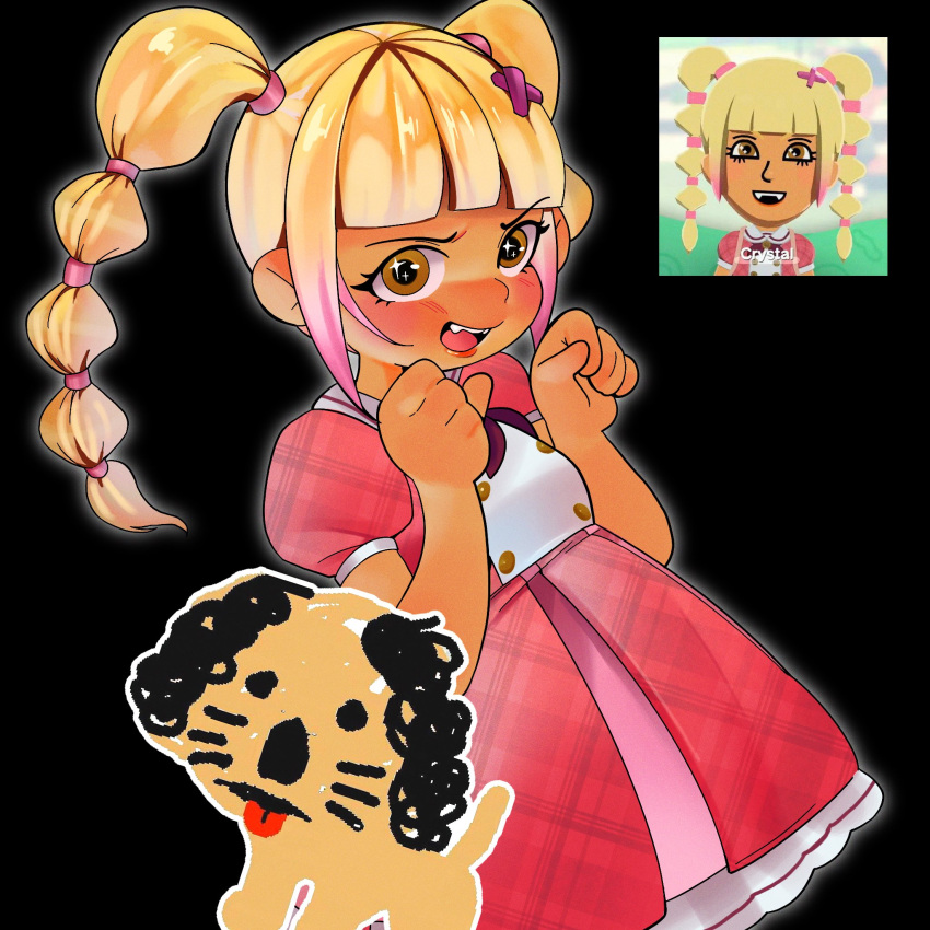 1girl, black_background, blonde_hair, brown_eyes, buttons, clenched_hands, cookiesonfloors, crystal_(tomodachi_life:_living_the_dream)
