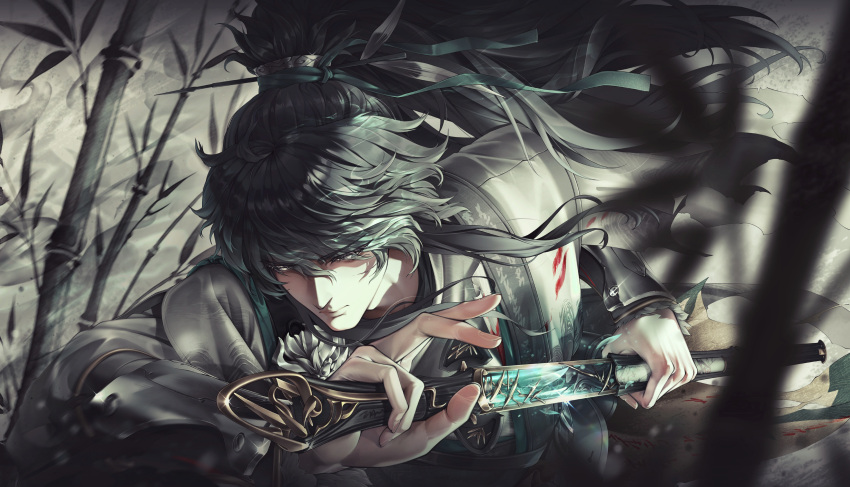 1boy, absurdres, arm_armor, bamboo, bamboo_forest, black_hair, bruno_kerling, cloak, closed_mouth, commentary, drawing_sword, forest, green_ribbon, hair_between_eyes, hair_ribbon, highres, holding, holding_sword, holding_weapon, long_hair, male_focus, nature, ponytail, qiuyuan_(wuthering_waves), ribbon, sheath, solo, sword, unsheathing, weapon, white_cloak, wuthering_waves
