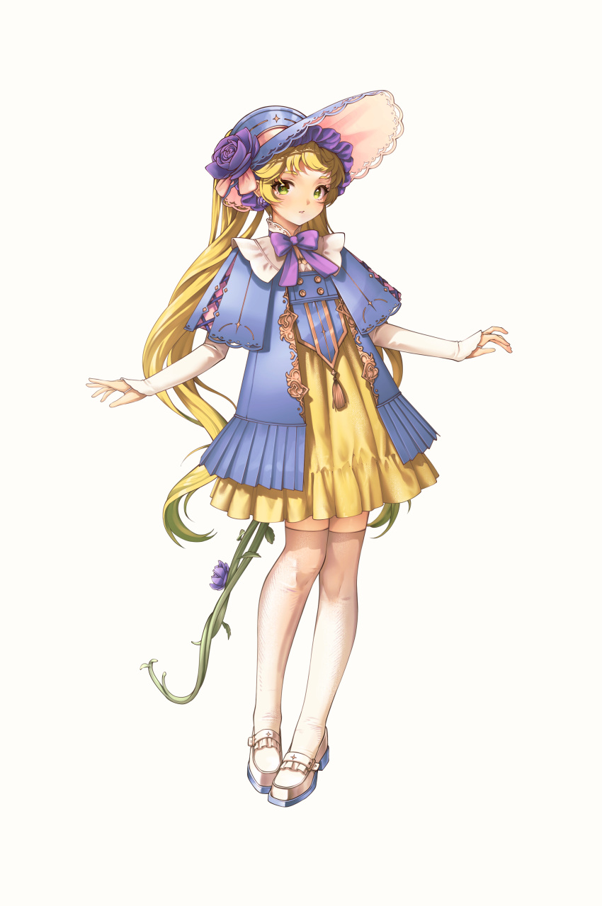 1girl, absurdres, alternate_costume, blonde_hair, blue_hat, blue_jacket, bow, bowtie, bruno_kerling, commentary, dress, flower, full_body, green_eyes, grey_background, hair_vines, hat, highres, jacket, long_hair, looking_at_viewer, parted_lips, purple_bow, purple_bowtie, purple_flower, purple_rose, rose, shoes, simple_background, solo, standing, thigh-highs, verina_(wuthering_waves), white_shoes, white_thighhighs, wuthering_waves, yellow_dress