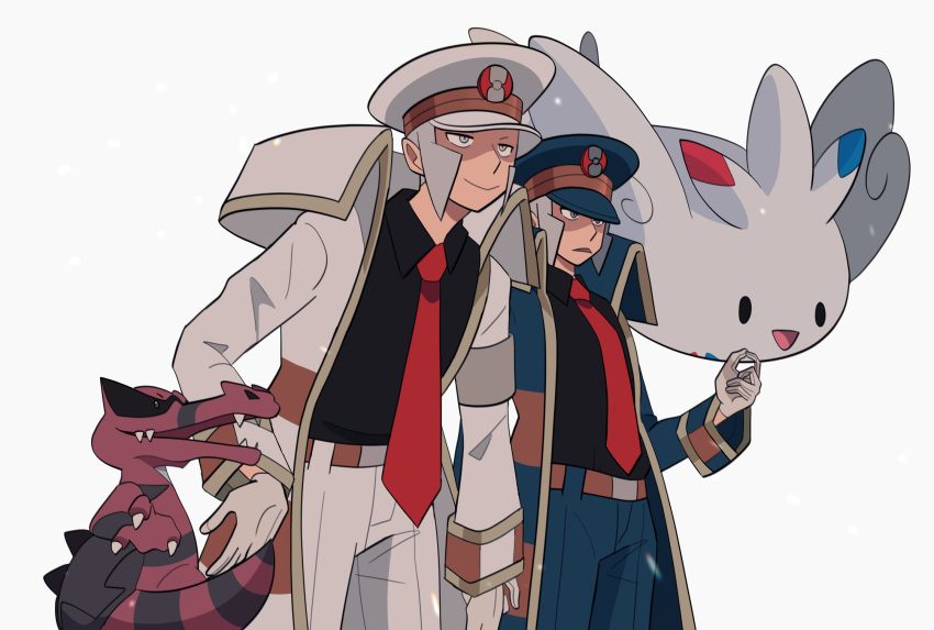 2024_pokemon_teraleak, 2boys, blue_coat, coat, emmet_(pokemon), galaxysketches, gloves, grey_background