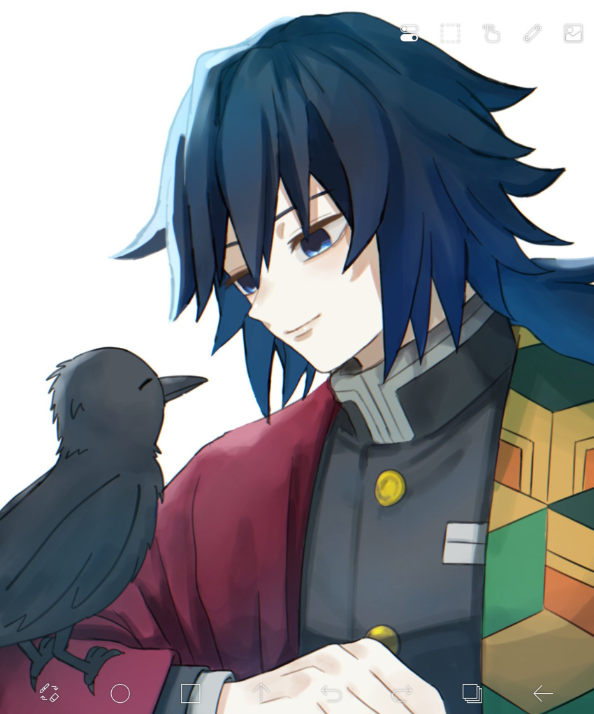 1boy, bird, black_hair, black_jacket, blue_eyes, closed_mouth, crow, empty_eyes, hair_between_eyes, haori, highres, jacket, japanese_clothes, kanzaburou_(kimetsu_no_yaiba), kikkoumon, kimetsu_no_yaiba, long_hair, low_ponytail, male_focus, nao_0111, ponytail, print_haori, red_haori, simple_background, smile, solo, spiky_hair, tomioka_giyuu, upper_body, white_background