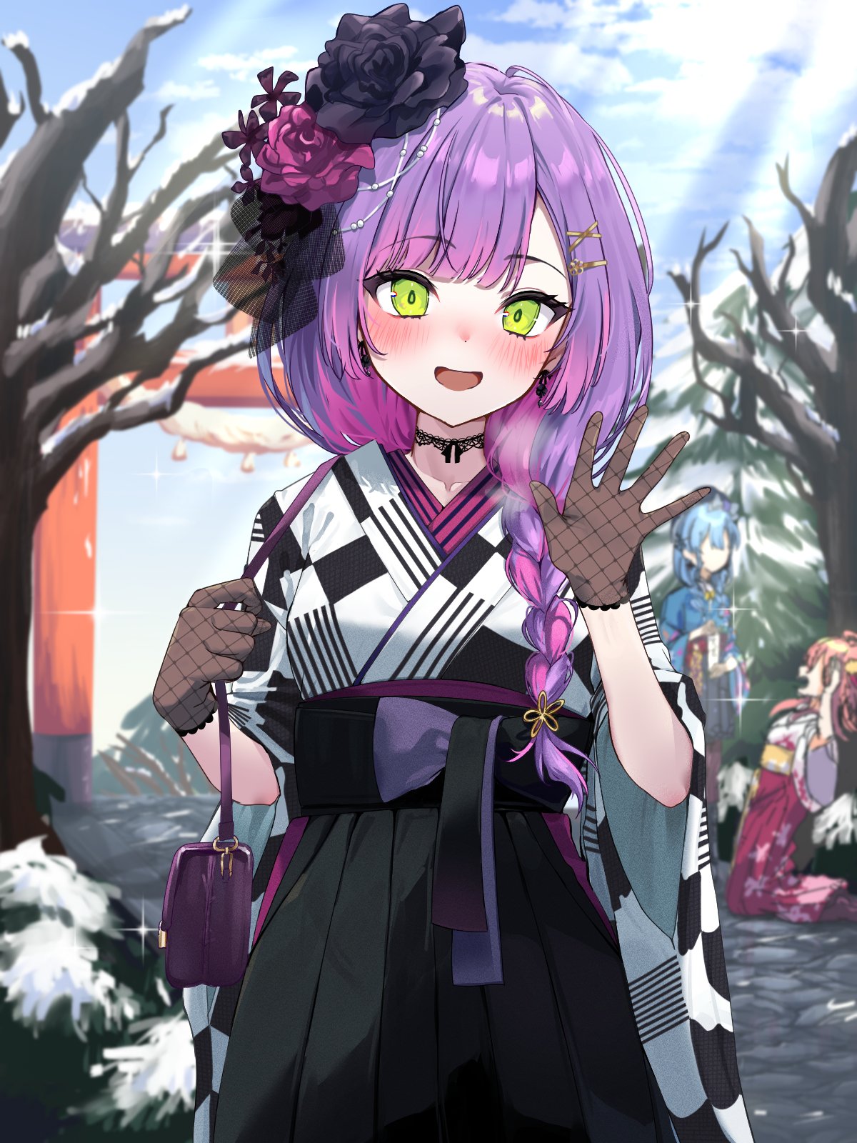 3girls, bag, bare_tree, black_choker, black_flower, black_kimono, black_rose, black_skirt, blue_kimono, blue_sky, blush, braid, braided_ponytail, breasts, breath, brown_gloves, checkered_clothes, checkered_kimono, choker, clouds, cloudy_sky, cold, commentary, cowboy_shot, day, earrings, faceless, faceless_female, fishnet_gloves, fishnets, flower, gloves, green_eyes, hair_flower, hair_ornament, hair_over_shoulder, hairclip, hakama, hakama_skirt, handbag, highres, hololive, hoshimachi_suisei, hoshimachi_suisei_(new_year), japanese_clothes, jewelry, kimono, lace, lace_choker, light_rays, long_hair, looking_at_viewer, multicolored_hair, multiple_girls, obi, official_alternate_costume, official_alternate_hairstyle, open_mouth, outdoors, pink_hair, purple_flower, purple_hair, purple_rose, red_hakama, rose, sakura_miko, sash, skirt, sky, small_breasts, smile, solo_focus, sparkle, standing, streaked_hair, sunlight, tashime, tokoyami_towa, tokoyami_towa_(new_year), torii, tree, two-tone_hair, two-tone_kimono, virtual_youtuber, waving, white_kimono, wide_sleeves, x_hair_ornament