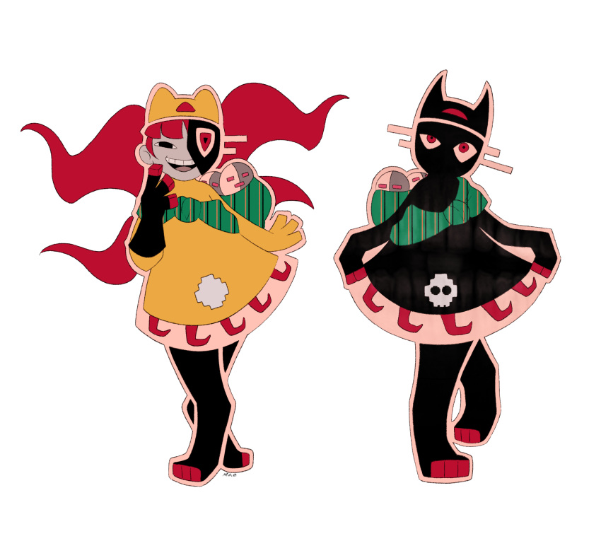 1girl, 2others, absurdres, animal_hat, aztec_glyphs, black_eyes, black_skin, blunt_bangs
