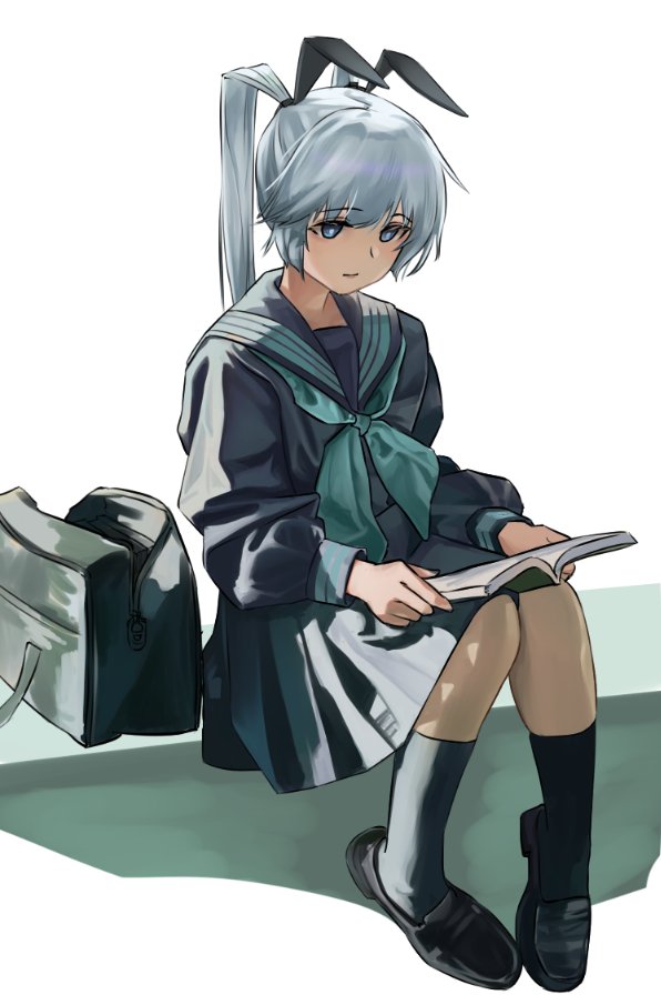 1girl, alternate_costume, animal_ears, bag, blue_eyes, book, commentary_request, grey_hair