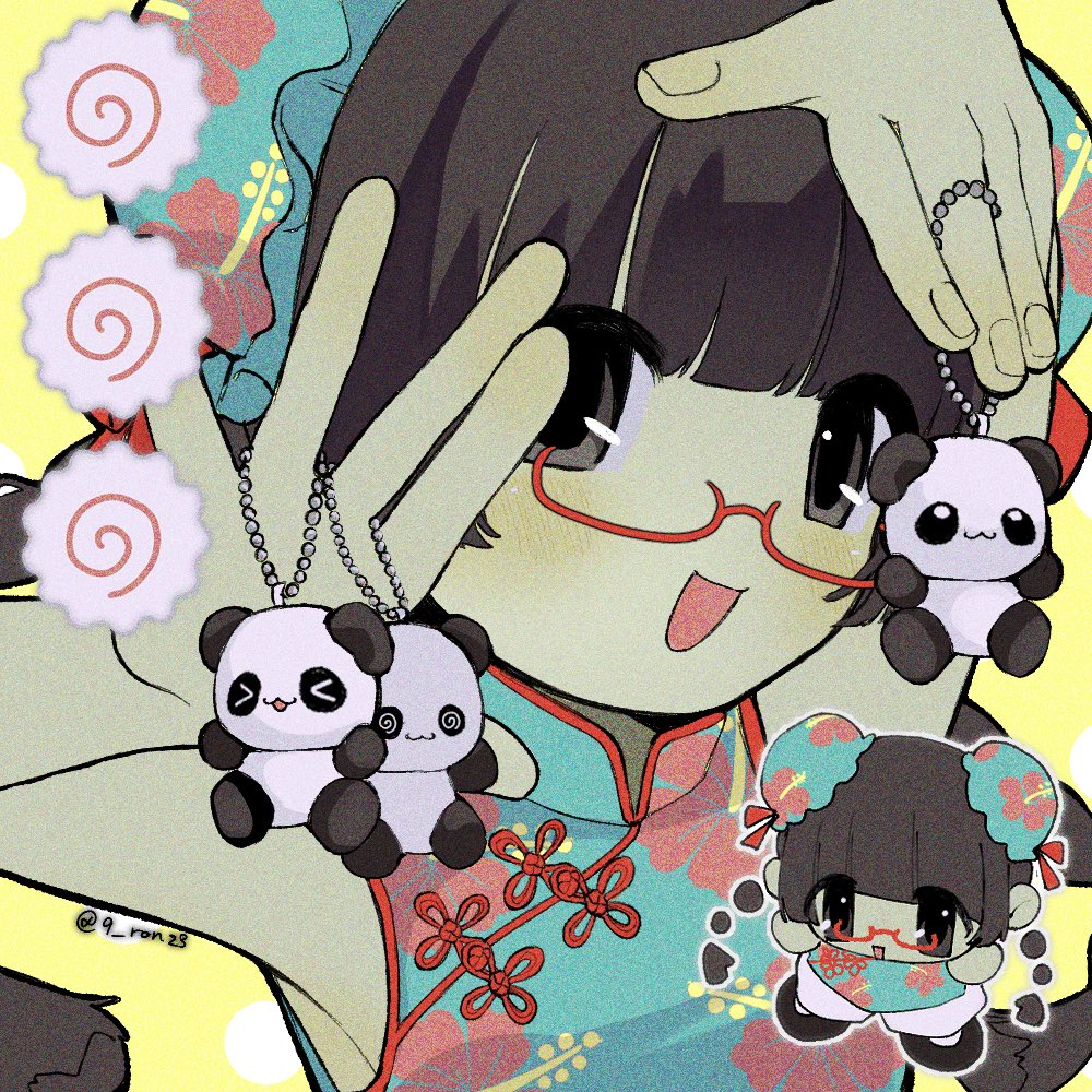 1girl, 9_ron23, :d, armpits, arms_up, blunt_bangs, brown_hair, bun_cover