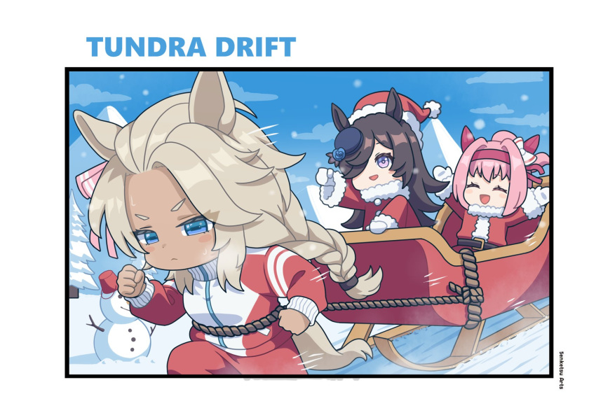 3girls, animal_ears, black_hair, blonde_hair, blue_eyes, closed_eyes, closed_mouth, commentary