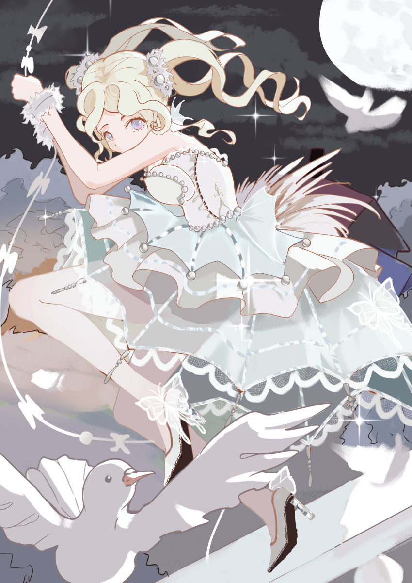 1girl, absurdres, ballerina, bare_shoulders, bird, black_sky, blonde_hair, bug