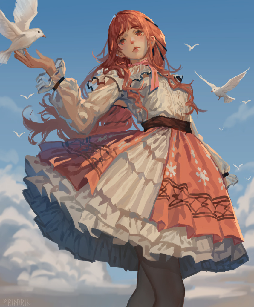 1girl, arm_cannon, bare_shoulders, belt, bird, bird_on_hand, black_belt, black_ribbon