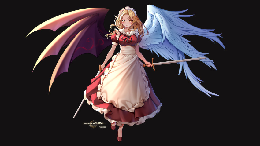 1girl, absurdres, angel_wings, apron, artist_name, asymmetrical_wings, black_background, black_ribbon