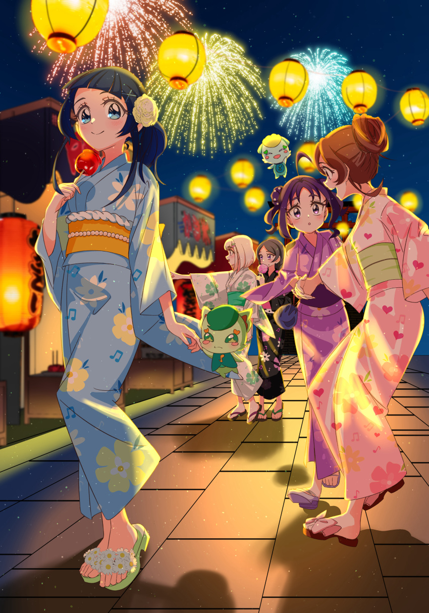 5girls, absurdres, ahoge, alternate_hairstyle, aokaze_nana, black_hair, black_kimono, black_sandals